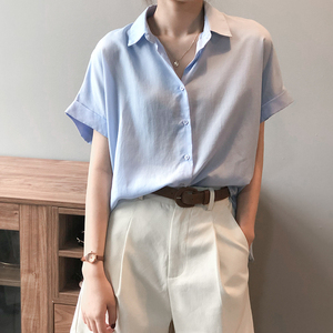 日系女士蓝色短袖衬衫2024新款女夏季薄款工装白衬衣女款气质上衣