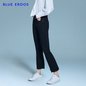 BLUE ERDOS女装 高腰微喇叭毛边黑色女修身长裤显瘦女