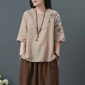 棉麻上衣女夏季民族风刺绣宽松时尚休闲衣服文艺复古中式女装t恤