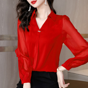 红色雪纺衬衫女长袖春装设计感套头女士衬衣时髦洋气高端垂感上衣