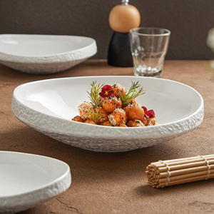 优格岩石纹沙拉碗陶瓷装菜碗汤碗酒店餐厅轻奢高级感白色异形餐具
