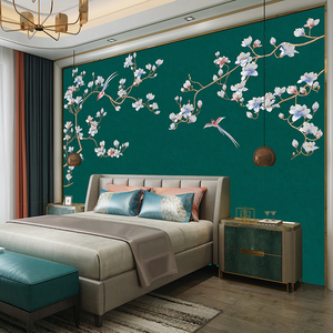 尚辰独绣墙布独秀壁布无缝绣花电视背景墙高端刺绣新中式花鸟客厅