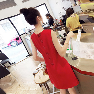 小香风无袖大红色直筒连衣裙2024新款女夏季气质小个子a字短款裙