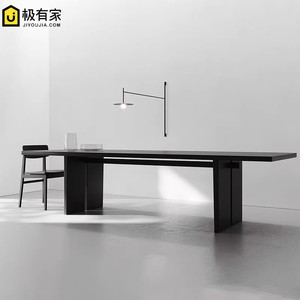 北欧实木黑色餐桌长桌简约原木长条桌会议桌办公桌工作台客厅茶桌