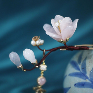 云闲手作粉晶玉兰花玉簪花珍珠流苏发钗古风头饰汉服配饰明制首饰