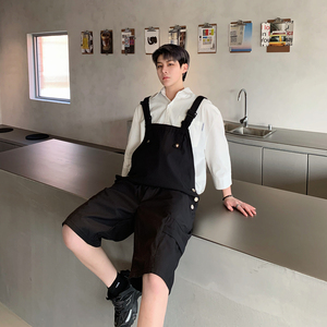 酷盐系背带裤美式vintage短裤男设计感小众欧美高街穿搭吊带裤子