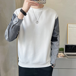 轻熟风卫衣内搭高级感假两件搭配竖条纹衬衫春秋打底衫圆领外套男