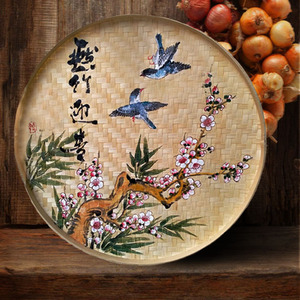 手绘圆簸箕画竹编农家乐纯手工绘画装饰米筛墙壁创意火锅店挂画