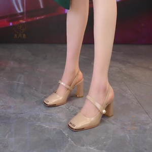 韩版时尚方头浅口高跟鞋女2024春季新款裸色单鞋一字扣带粗跟凉鞋
