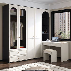 北欧组合衣柜现代简约转角书桌书架一体组装家用卧室小户型收纳柜