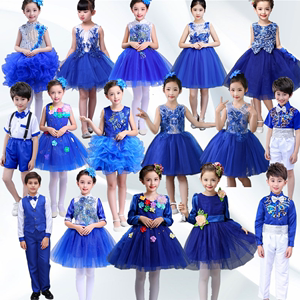 儿童演出服女童宝蓝色蓬蓬公主裙小学生合唱服幼儿园舞蹈表演服装