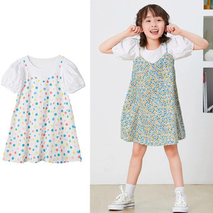 出口日本夏季女童梭织纯棉短袖连衣裙女童碎花假两件儿童背带裙