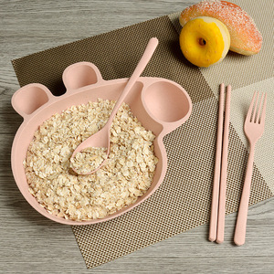 环保小麦秸秆小猪佩奇碗可爱卡通分格盘子 儿童碗勺叉筷餐具套装