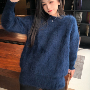 秋冬新款自制纯色长毛水貂绒女士毛衣宽松复古慵懒风貂毛针织加厚
