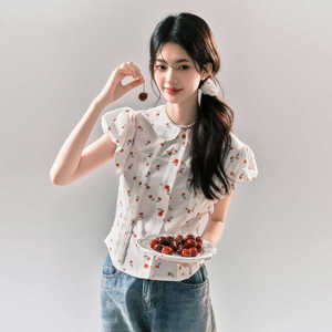 Yoodaily“云樱物语”韩系复古甜美樱桃印花衬衫短袖泡泡袖