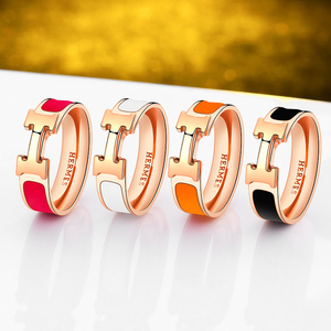 爱马仕新款纯银s925字母h玫瑰金18k珐琅戒指情侣款男女一对小礼物