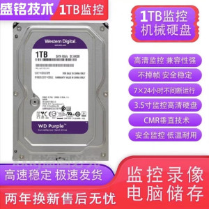 1T紫盘 WD10PURX 1TB紫盘台式监控录像机硬盘1TB垂直硬盘NAS列阵