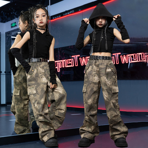 新款嘻哈女童街舞套装潮韩版露脐长袖上衣儿童爵士舞蹈表演出服装