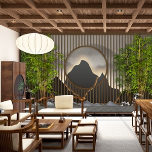 新中式茶室禅意壁纸3d格栅背景墙饭店包厢茶楼包间山水仿发光墙纸