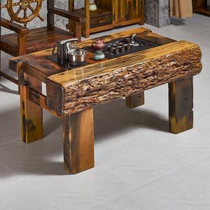 海螺孔老船木龙骨茶台实木中式仿古功夫茶几复古怀旧古船板木茶桌