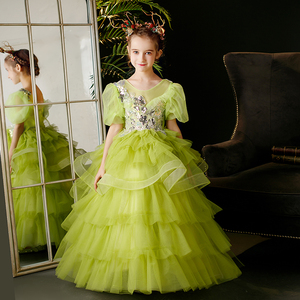 绿色儿童礼服公主裙高端森系女童钢琴演出服洋气模特走秀艺考定制