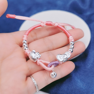 999纯银亲子手链凯蒂猫圆珠红绳手链串珠手工编织女儿童宝宝礼物