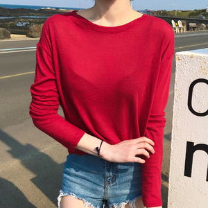 2024韩国东大门秋新款 轻薄舒适糖果红长袖T恤宽松显瘦打底衫女装