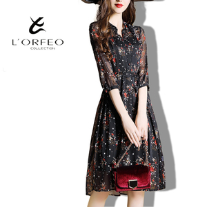 l"orfeo/奥菲欧雪纺衬衫连衣裙女春夏季新款v领七分袖中长款气质