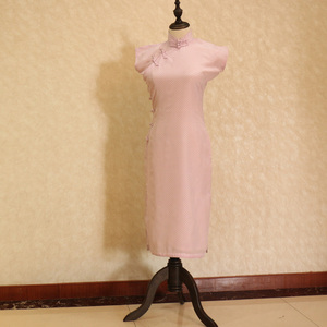 日常旗袍 复古文艺 高领盖肩小连袖手工盘扣改良真丝旗袍 hy0032