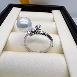 DIY珍珠配件S925纯银中国龙龙型戒指可开口空托适合6.5-8mm圆珠
