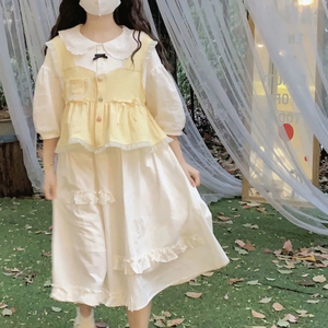 春夏日系甜美背心马甲+可爱娃娃领五分袖连衣裙学生两件套装女萌