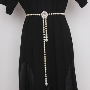 韩国时尚连衣裙装饰腰带女细配裙子镶钻珍珠腰链大码弹力松紧裙带