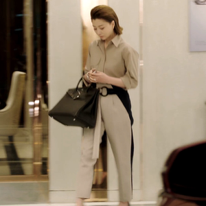 正青春殷桃林睿同款衣服女春季新款长袖立领衬衫上衣高腰拼色裤子