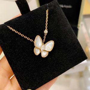 欧洲代购vca梵克雅宝项链 18k玫瑰金 珍珠母贝 镶钻 蝴蝶 锁骨链