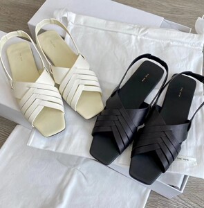 the/row 时尚真皮镂空休闲鞋舒适百搭罗马风平底编织露趾凉鞋女