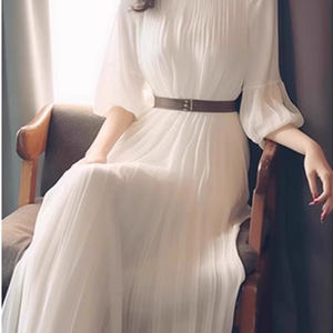 2024夏季法式独特超美裙子优雅风白色雪纺沙滩长裙飘逸气质连衣裙