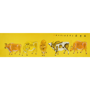 陈景芝 著名工笔画家臻藏级纯手绘国画《五牛图》臻品拍卖
