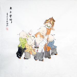 廖丽梅 著名国画大家臻藏级作纯手绘国画人物画《五子登科》