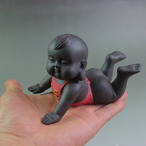 紫砂茶宠童子摆件送子福娃陶瓷小孩茶玩可爱小泥人彩砂泥娃娃招财