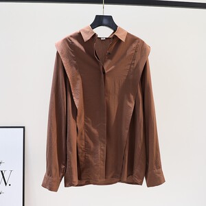 韩国咖啡色天丝棉衬衫女秋韩版设计感时尚宽松长袖衬衣中长款上衣