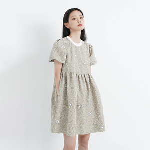 素笺2022年夏季新款女装复古刺绣短袖泡泡袖娃娃裙连衣裙2e2o472