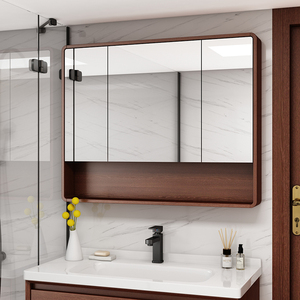 圆角橡木浴室镜柜卫生间镜子带置物架挂墙式镜前柜实木储物柜单独