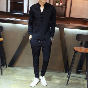 韩国专柜春季新款长袖男韩版修身长裤青年时尚休闲卫衣潮流套装男