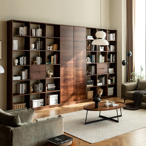 现代简约实木储物柜北美黑胡桃满墙书架定制樱桃原木客厅落地书柜