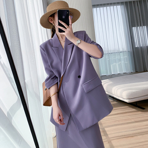 西装套装女2024夏新款长袖垂感显瘦时尚休闲紫色包臀套裙两件套
