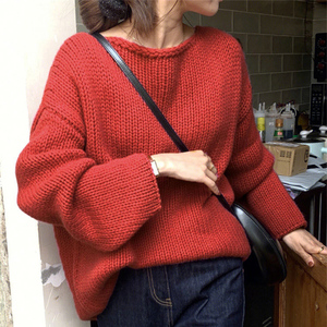 圣诞过年枣红色套头毛衣女春季外穿羊毛加厚针织衫宽松2024年新款