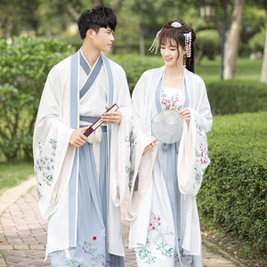 魏晋风汉服男女情侣古装中国风齐腰襦裙古风高中学生广袖秋装套装