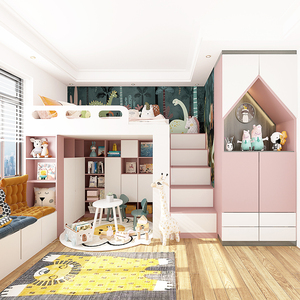 欧铂丽女孩子房粉色多功能房定制趣味儿童房衣柜书桌一体定制柜