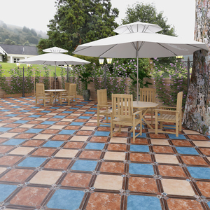 欧式庭院复古地砖400*400阳台花园防滑地板砖三色角花瓷砖仿古砖