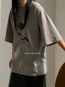 韩国东大门女装代购 棉100玫瑰花宽松短袖T恤D022706CbB26
